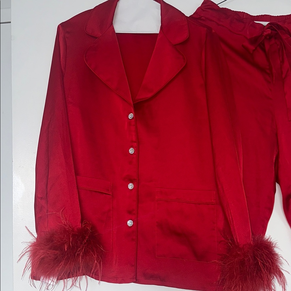NADINE MERABI DARCIE Luxury Red Feathered Pijamas Set - Picture 11 of 12